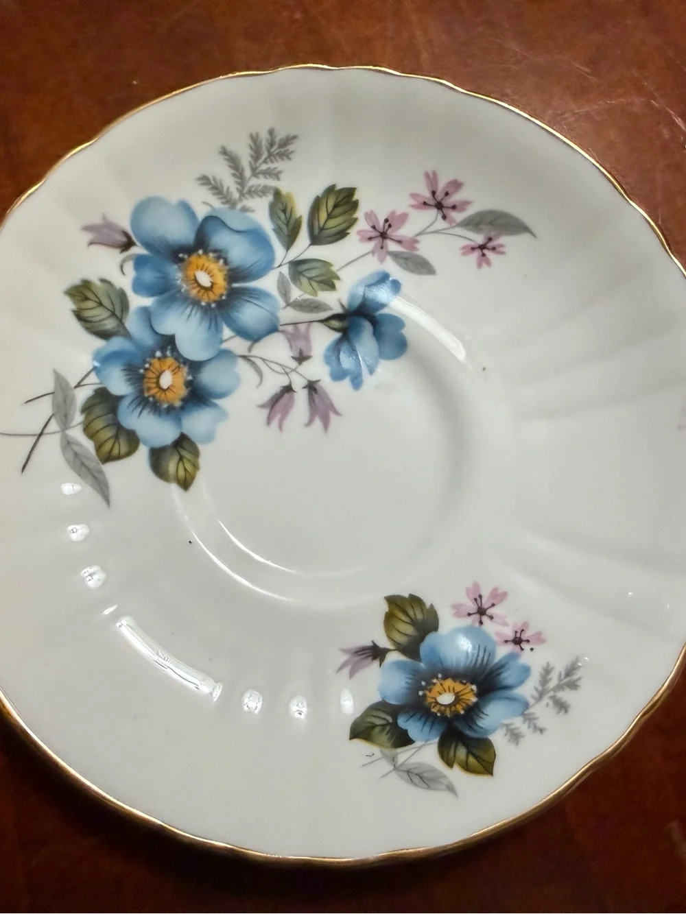 Blue Floral Bone China Teacup & Saucer with Gold Trim